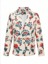 Aurohaya Floral Printed Blazer for Women V-Cut Long Sleeve Vintage Casual Polyester Jacket